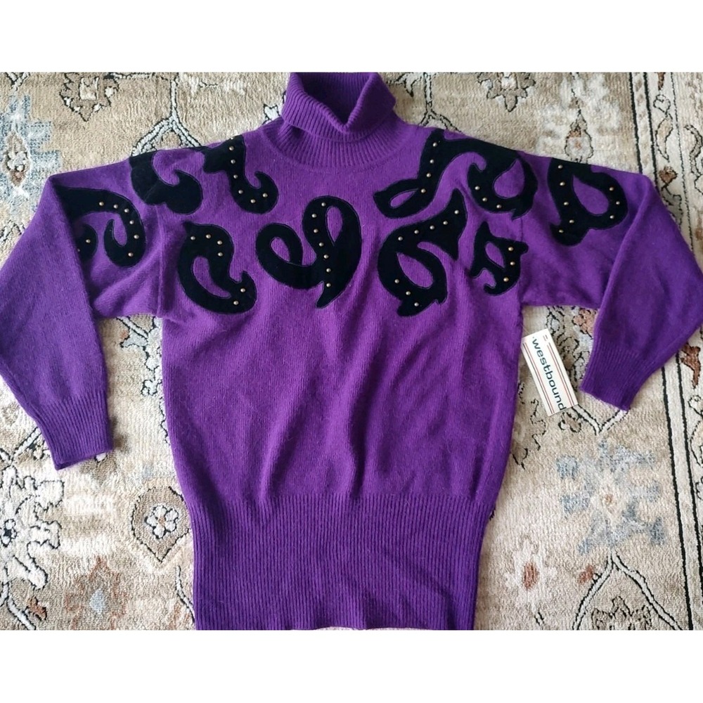 Vintage Westbound Wool Sweater Medium Purple Faux Leather Accents Retro 80's NWT